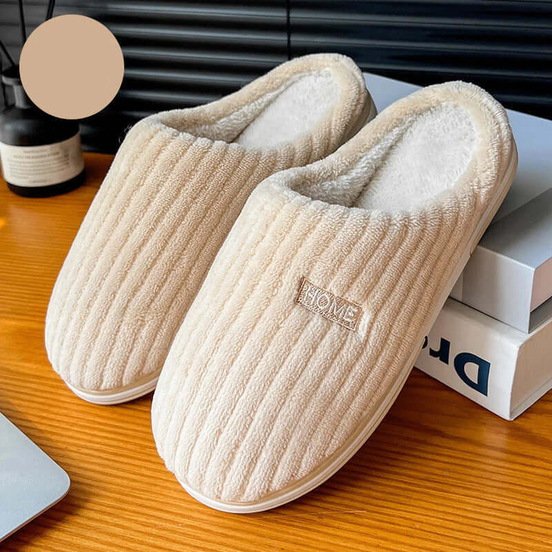 Cotton Plush Slippers in beige with soft plush lining and non-slip sole, ideal for winter comfort at home.