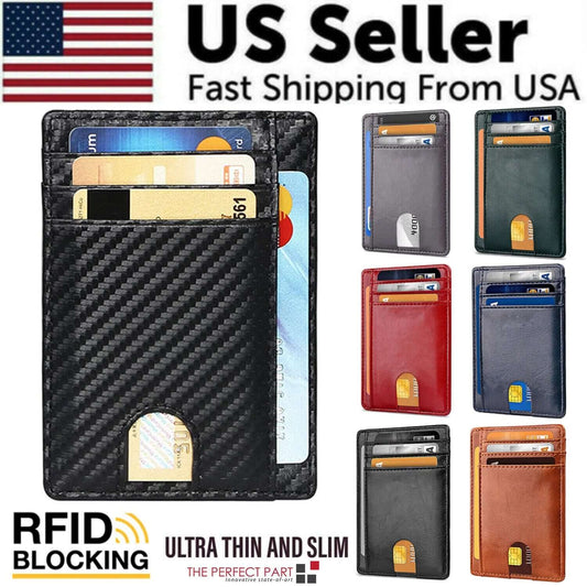 Mens RFID Blocking Wallet displayed in various colors, showcasing credit card slots and RFID blocking technology.