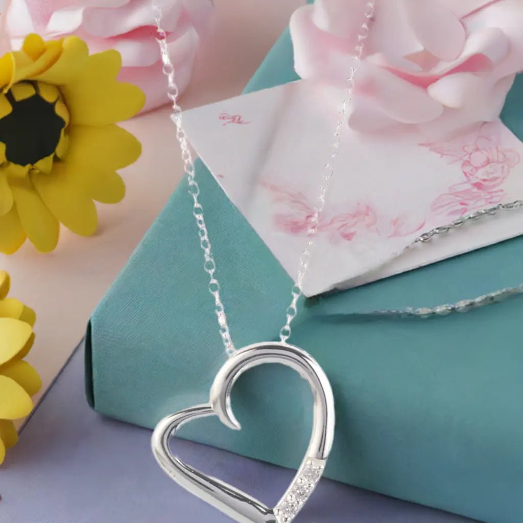 14K Silver Plated Necklace Love Heart Pave Pendant Necklace - The Drop Shop